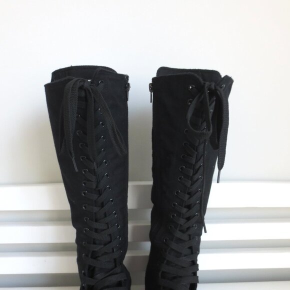 KNEE HIGH CANVAS WOMEN'S LACE UP BOOTS BLACK Sz-8 - Picture 6 of 7